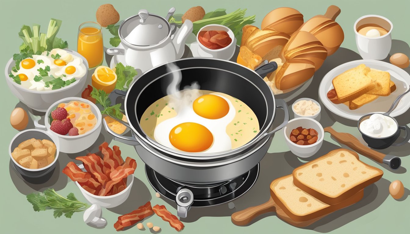 A fondue pot surrounded by various breakfast ingredients, such as eggs, bacon, vegetables, and bread, with steam rising from the pot