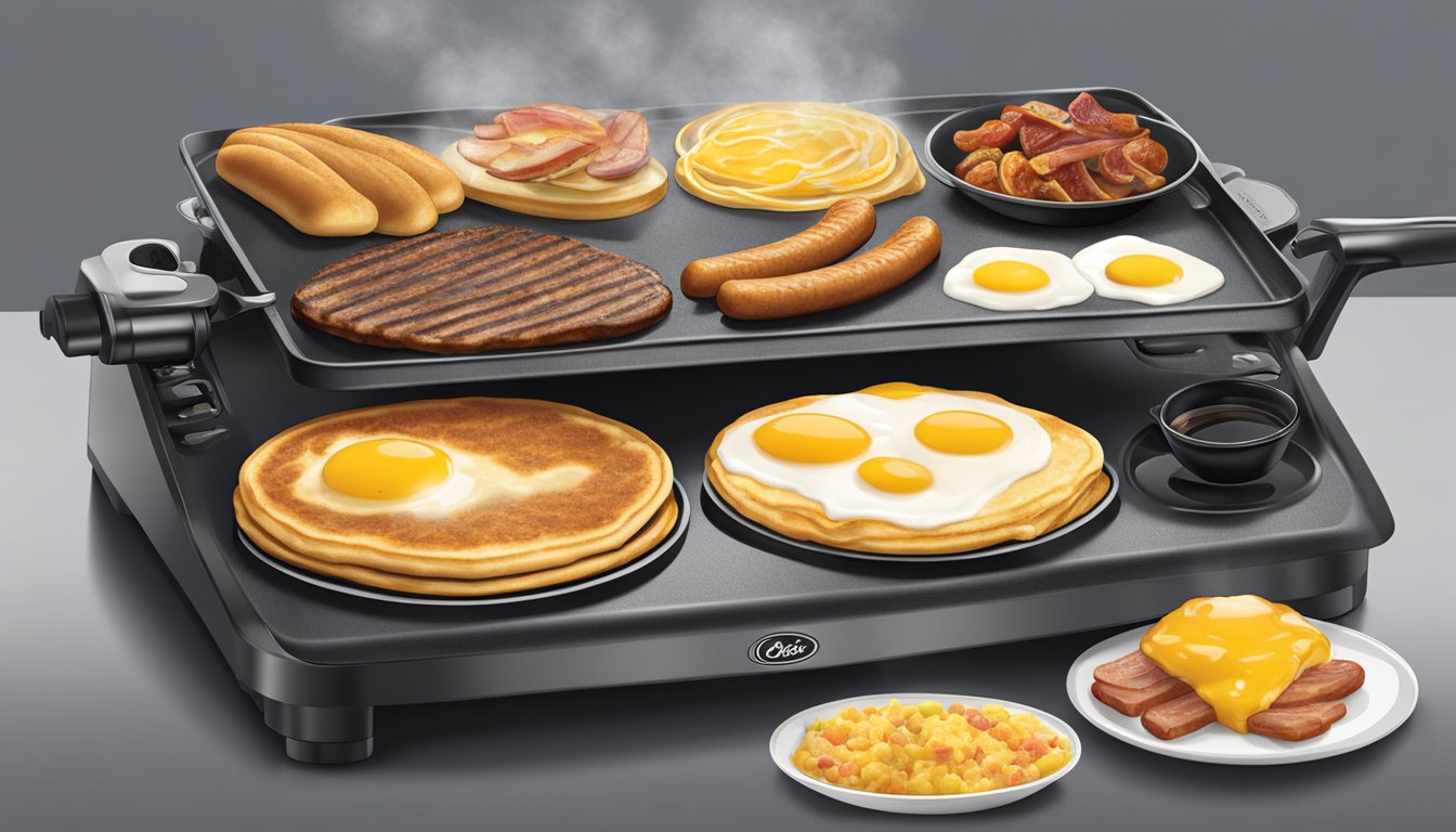 A sizzling Oster griddle cooks up a variety of breakfast items, from pancakes and eggs to bacon and sausage, filling the air with the aroma of a delicious morning feast