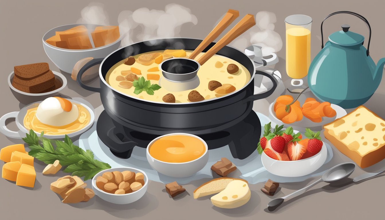 A fondue pot surrounded by various breakfast ingredients and utensils, with steam rising from the pot and a cozy morning atmosphere