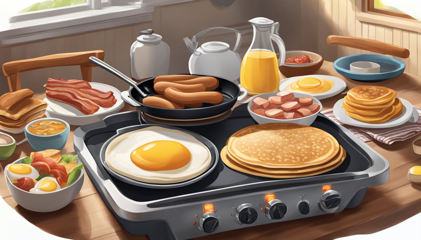 A cozy kitchen scene with an Oster griddle sizzling with classic breakfast items like pancakes, eggs, bacon, and sausages