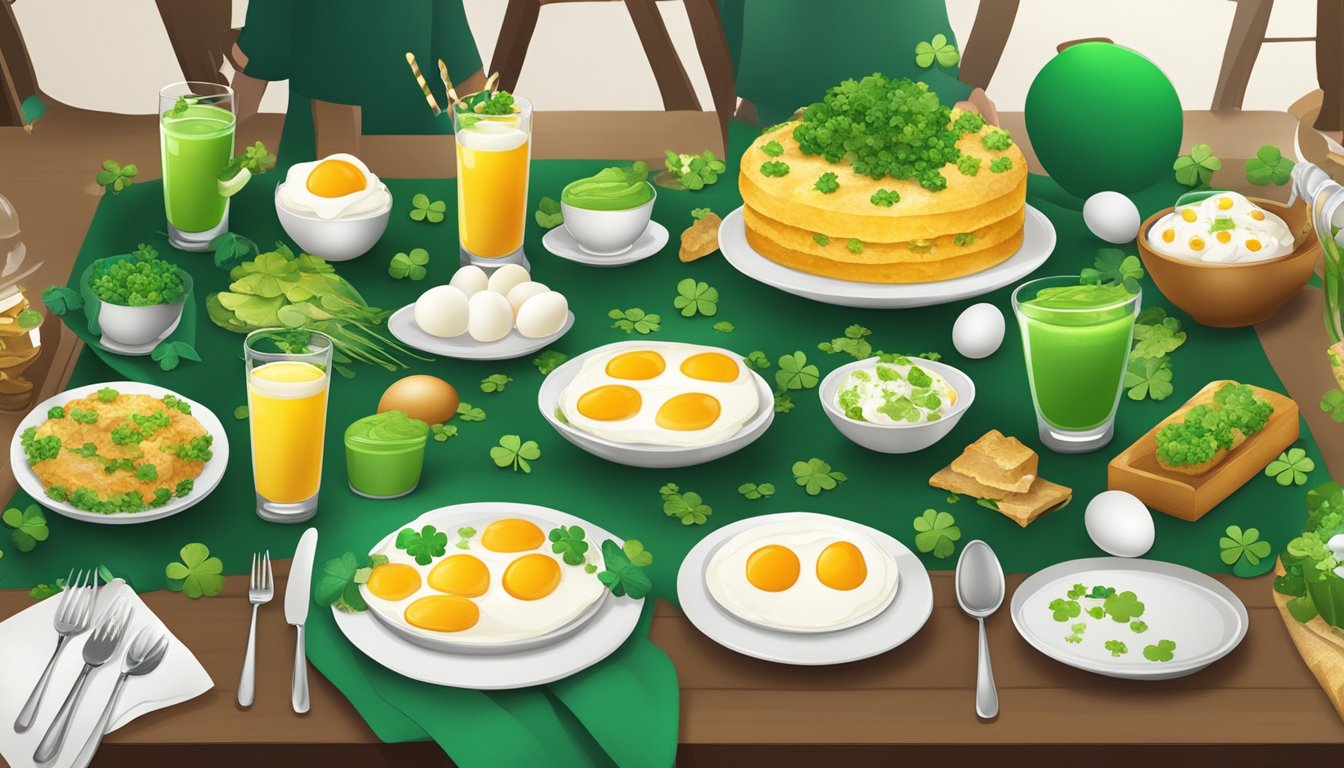 A festive table spread with 15 colorful and creative egg dishes, adorned with St. Patrick's Day decorations