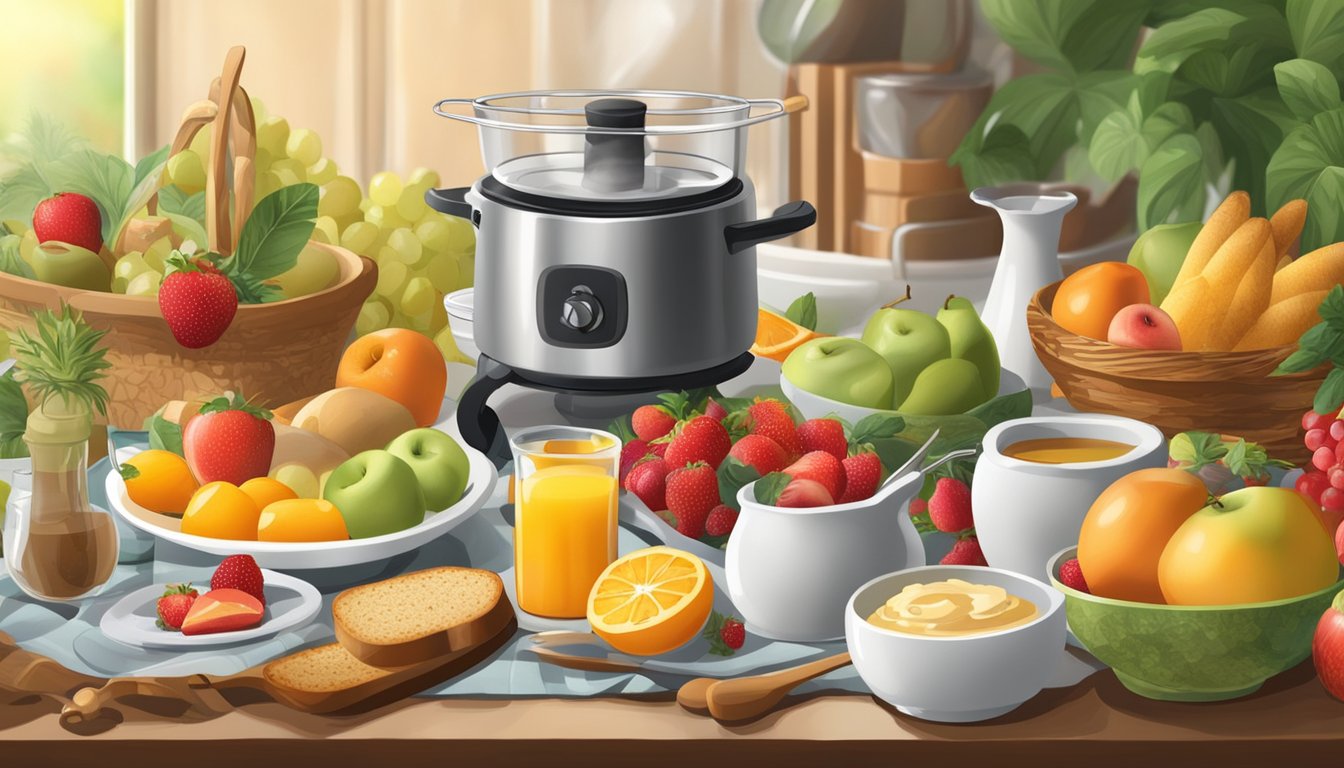 A sunny kitchen table set with a fondue pot surrounded by fresh fruits, bread, and other healthy breakfast ingredients