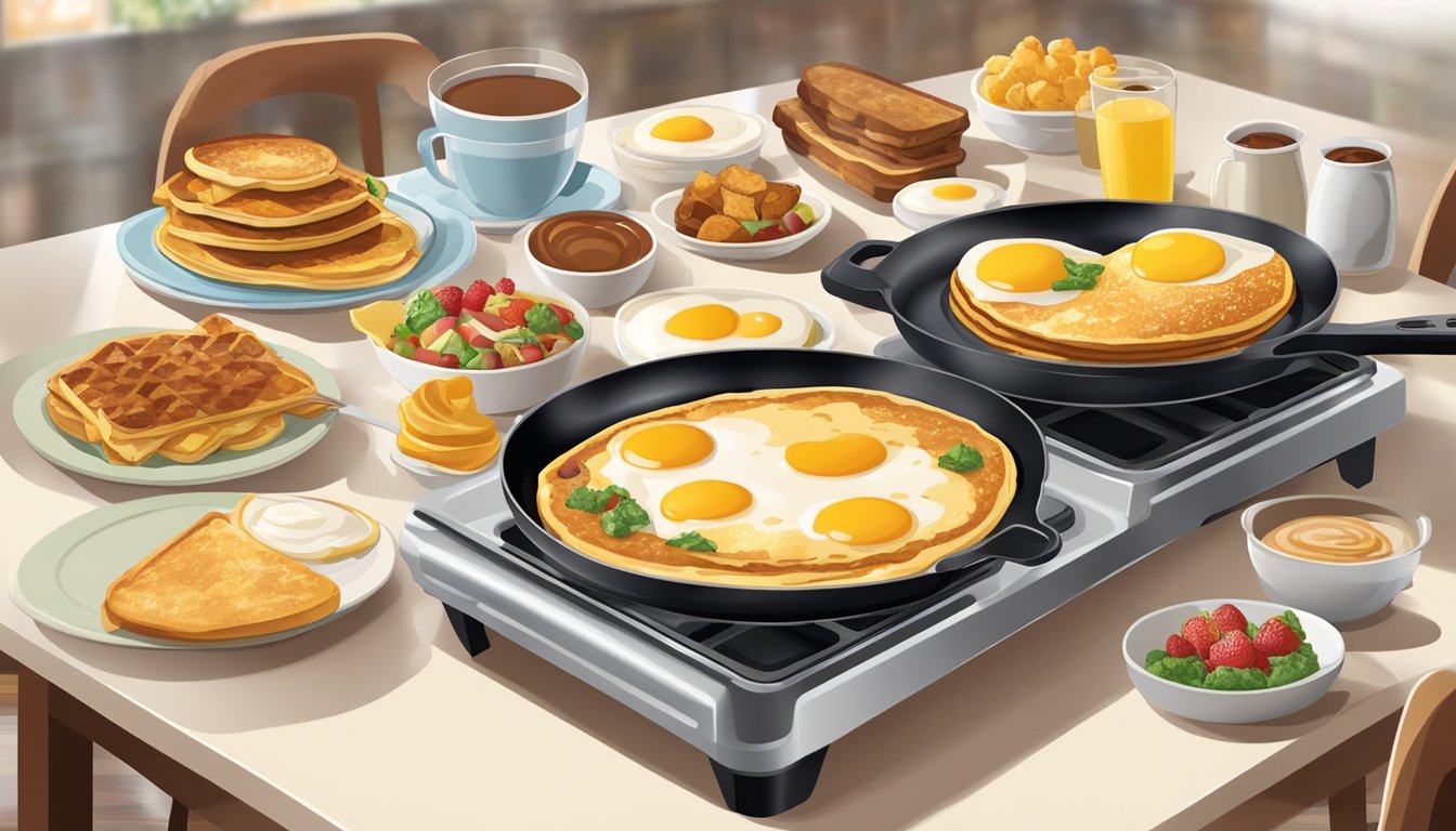 A table set with an Oster griddle surrounded by various egg-based breakfast dishes, including omelets, pancakes, and French toast