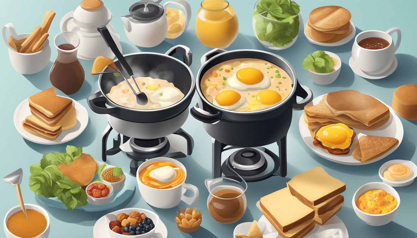 A fondue pot surrounded by various breakfast ingredients, with steam rising from the pot as different breakfast sandwiches and wraps are being prepared