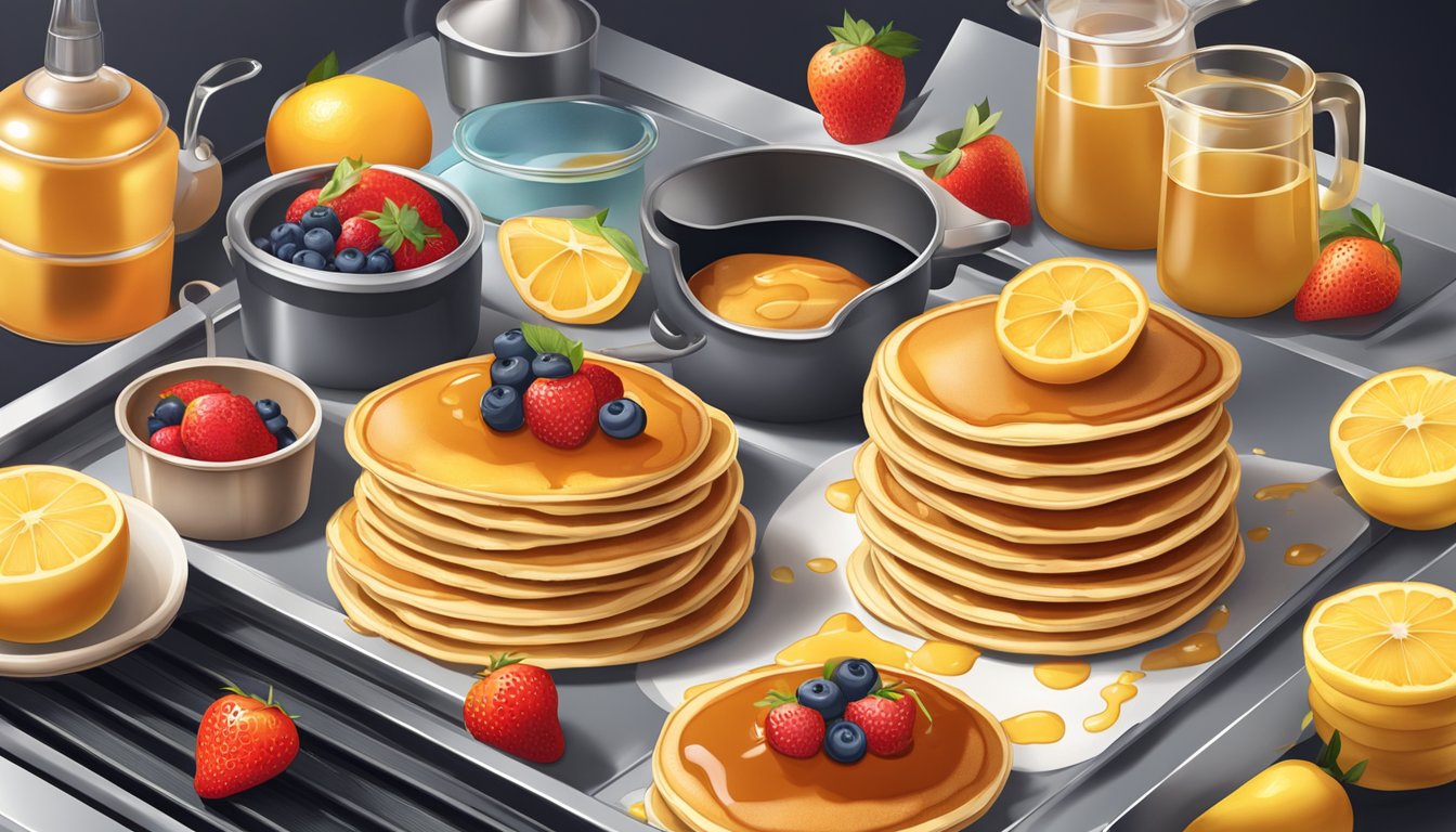 A stack of golden pancakes cooking on an Oster griddle, surrounded by fresh fruit and syrup