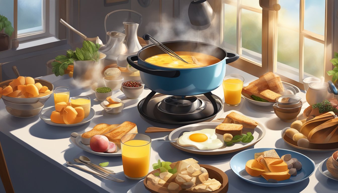 A breakfast table with a fondue pot at the center, surrounded by various ingredients and utensils. Steam rises from the pot as the morning light streams in through the window