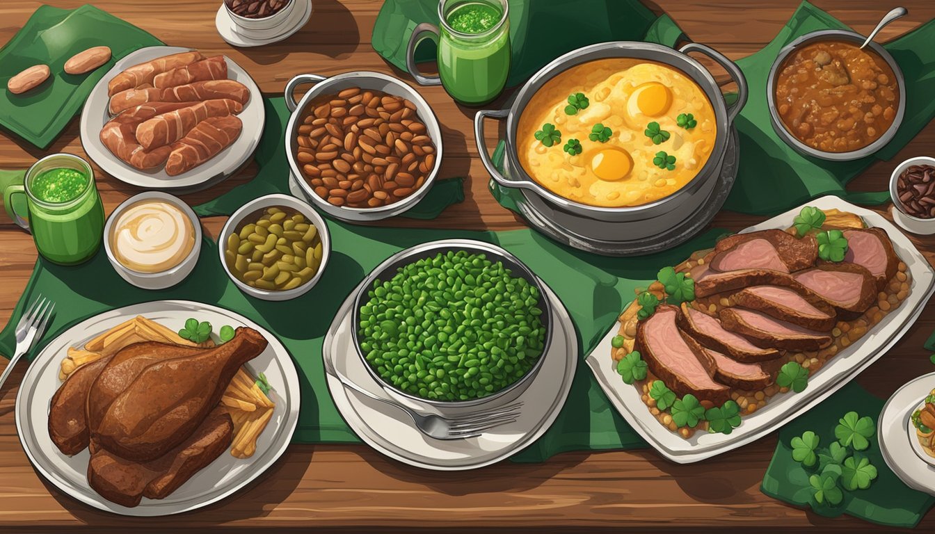 A rustic kitchen table adorned with a spread of hearty meats, beans, and breakfast dishes, surrounded by St. Patrick's Day themed decor