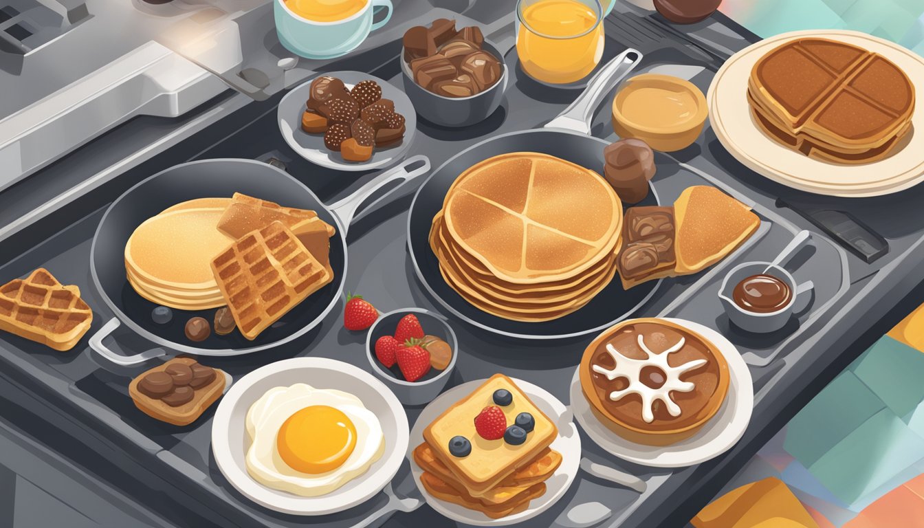 A sizzling Oster griddle surrounded by a variety of sweet breakfast treats being cooked, including pancakes, waffles, and French toast