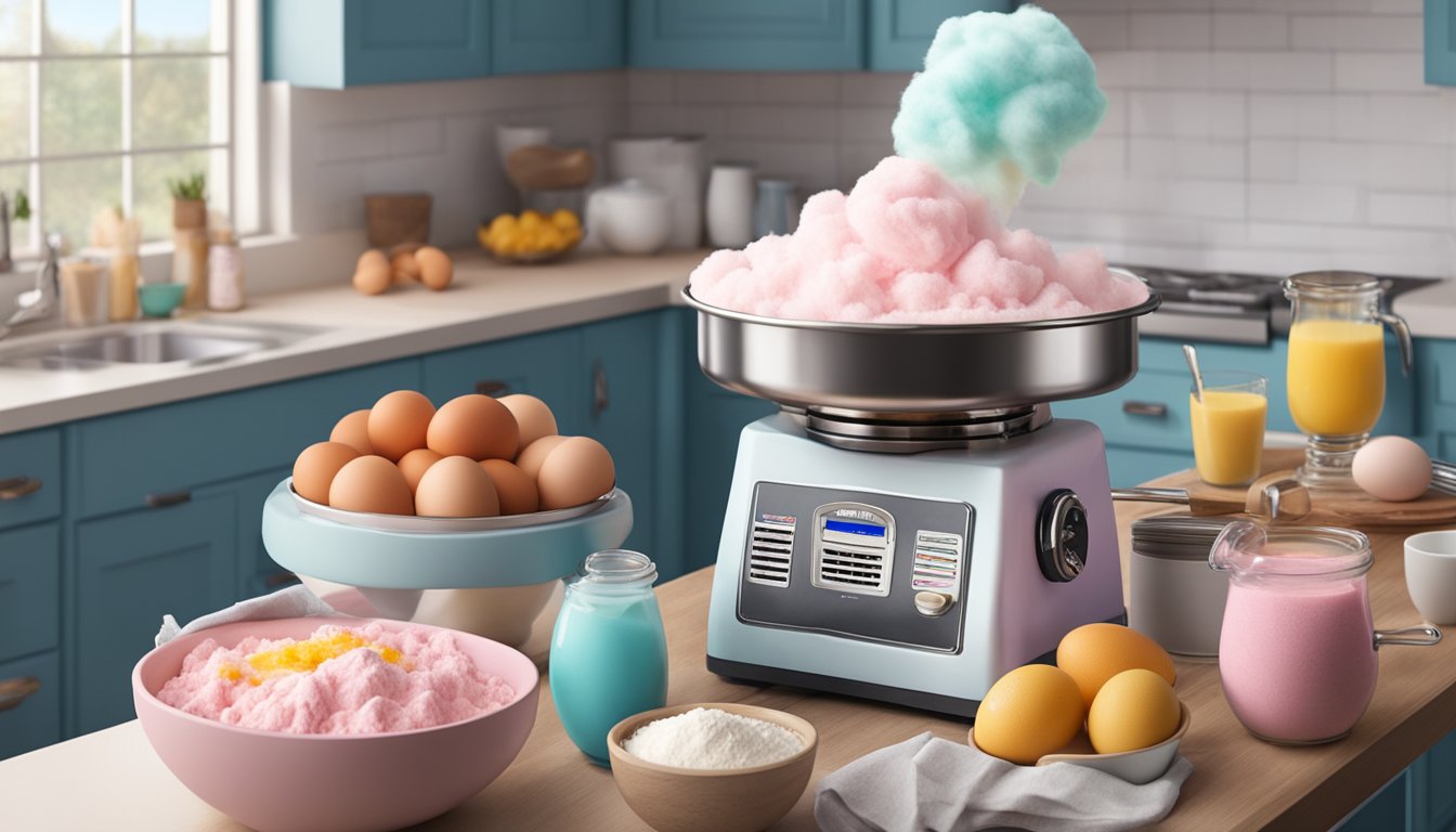 A cotton candy machine sits on a kitchen counter, surrounded by ingredients like eggs, flour, and fruit. A stack of recipe cards with breakfast ideas is nearby