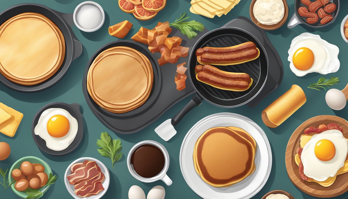 A sizzling Oster griddle surrounded by various ingredients like eggs, bacon, sausage, and pancakes, ready to be cooked into hearty meat-focused breakfasts