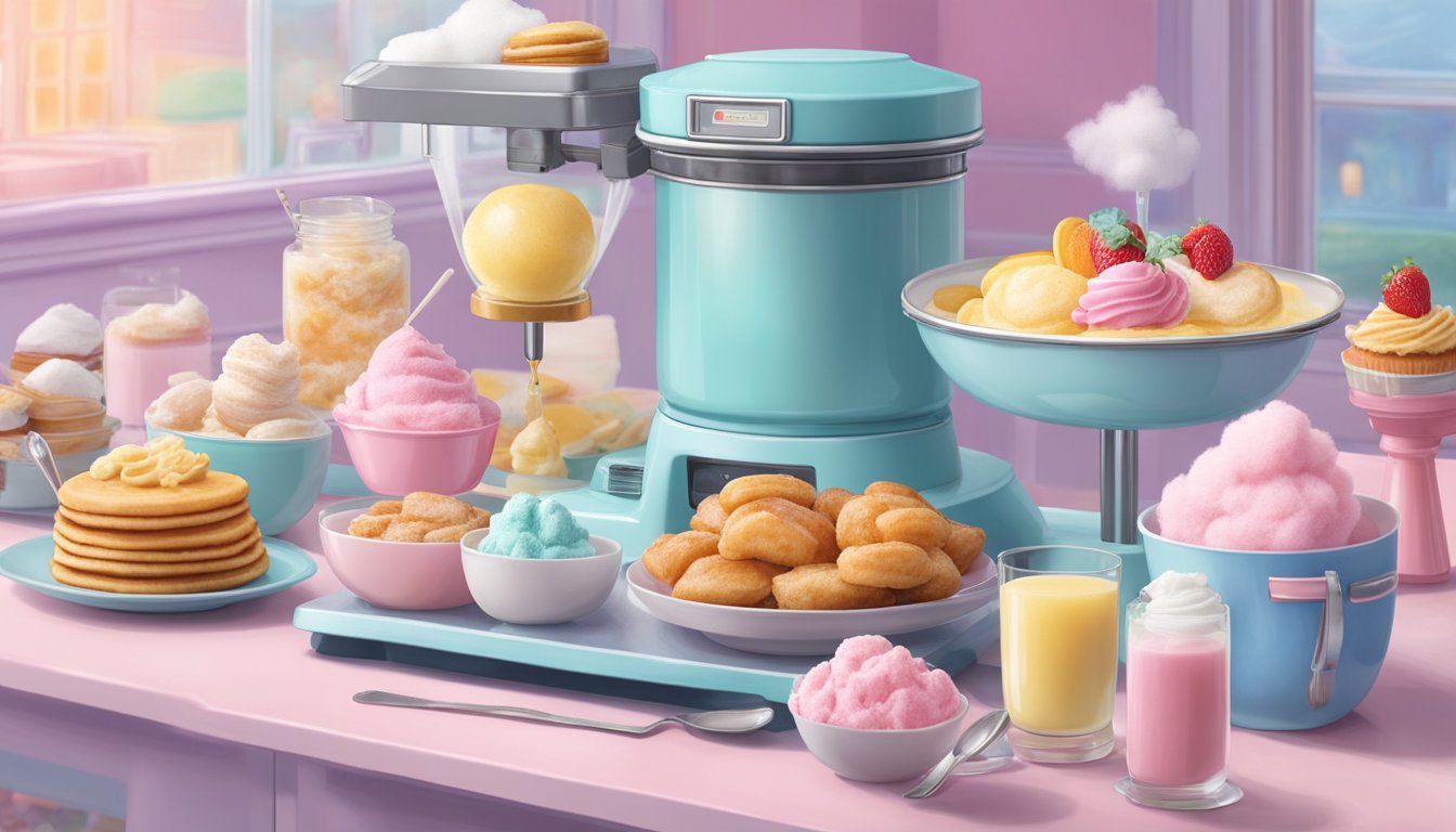 A colorful array of breakfast dishes, including pancakes, waffles, and muffins, are being made using a cotton candy machine. The fluffy, pastel-colored cotton candy is being incorporated into the recipes, creating a whimsical and delicious breakfast spread