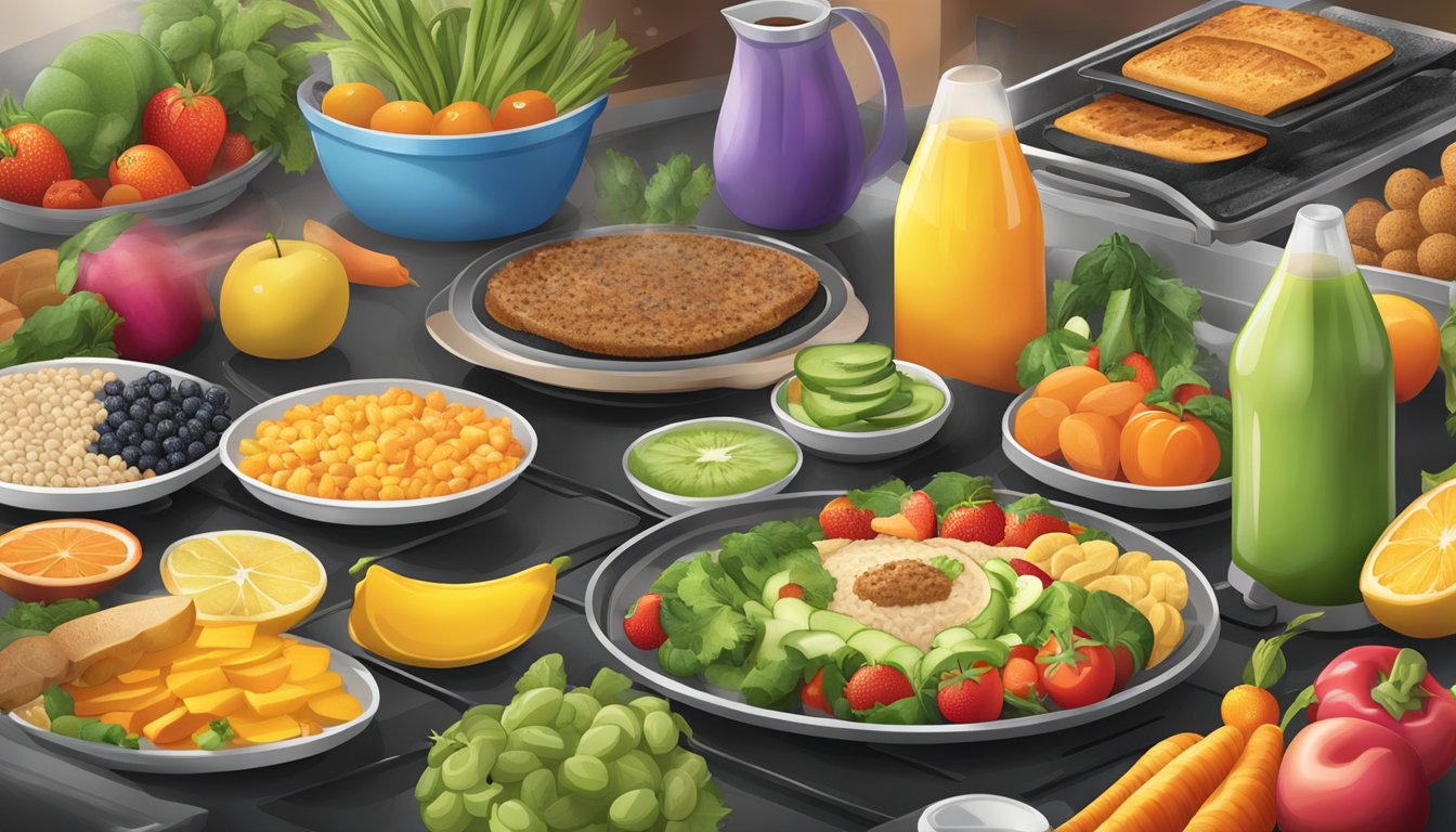 A colorful array of fruits, vegetables, and whole grains arranged around a sizzling Oster griddle, with steam rising from a variety of breakfast dishes being cooked