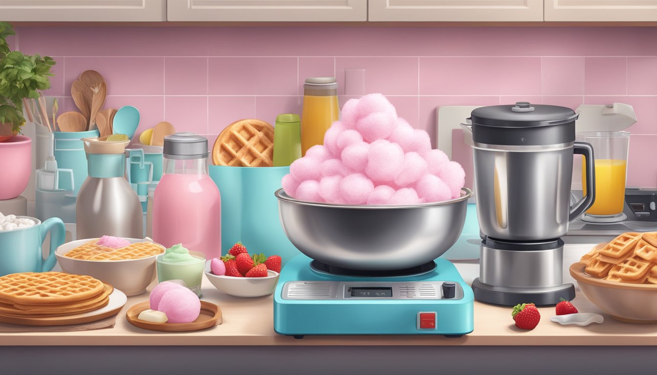 A kitchen counter with a cotton candy machine surrounded by ingredients for breakfast recipes like waffles, pancakes, and French toast