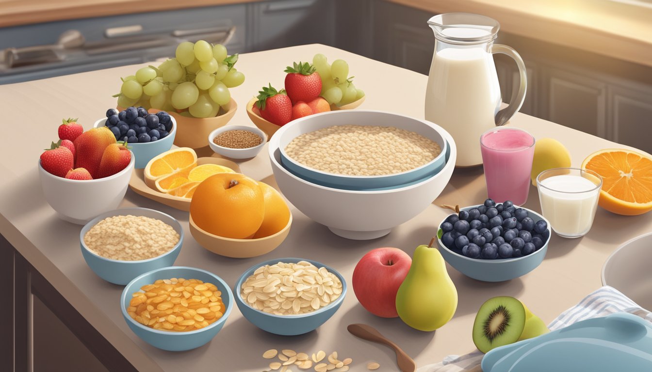 A sunny kitchen with a variety of colorful fruits, whole grains, and low-fat dairy products laid out on a table, with a heart-shaped bowl of oatmeal as the centerpiece