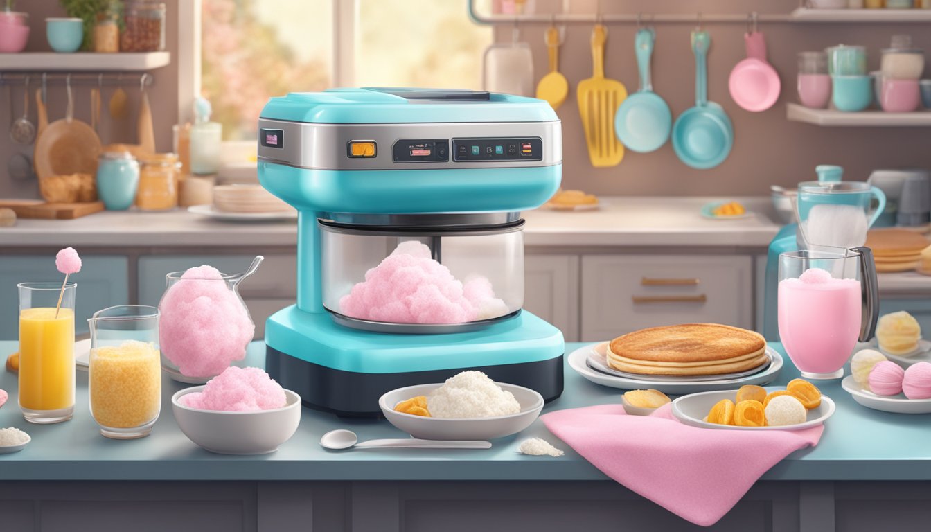 A breakfast table with cotton candy machine, surrounded by ingredients and utensils for 5 recipes