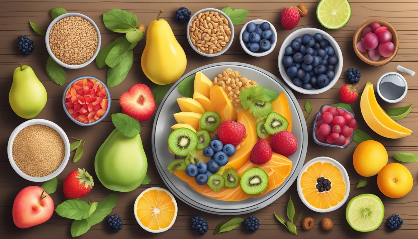 A colorful array of fresh fruits, whole grains, and lean proteins laid out on a rustic wooden table, ready to be used in low-fat breakfast recipes