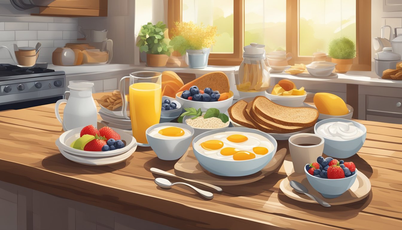 A sunny kitchen with a variety of low-fat breakfast items such as fruit, yogurt, oatmeal, and whole grain toast arranged on a rustic wooden table