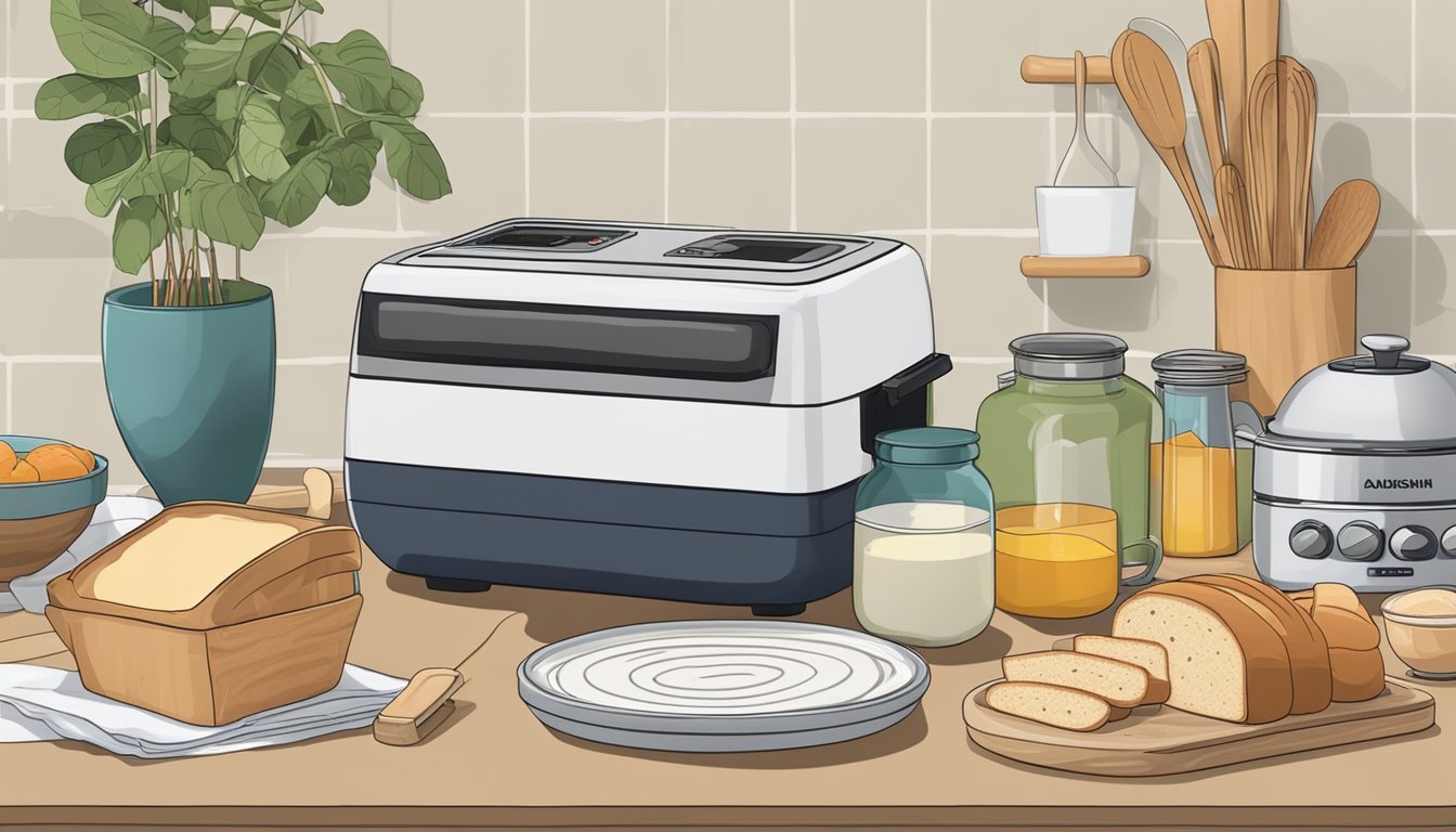 A kitchen counter with a Zojirushi bread machine surrounded by various ingredients and utensils, with a stack of recipe books and a plate of freshly baked bread