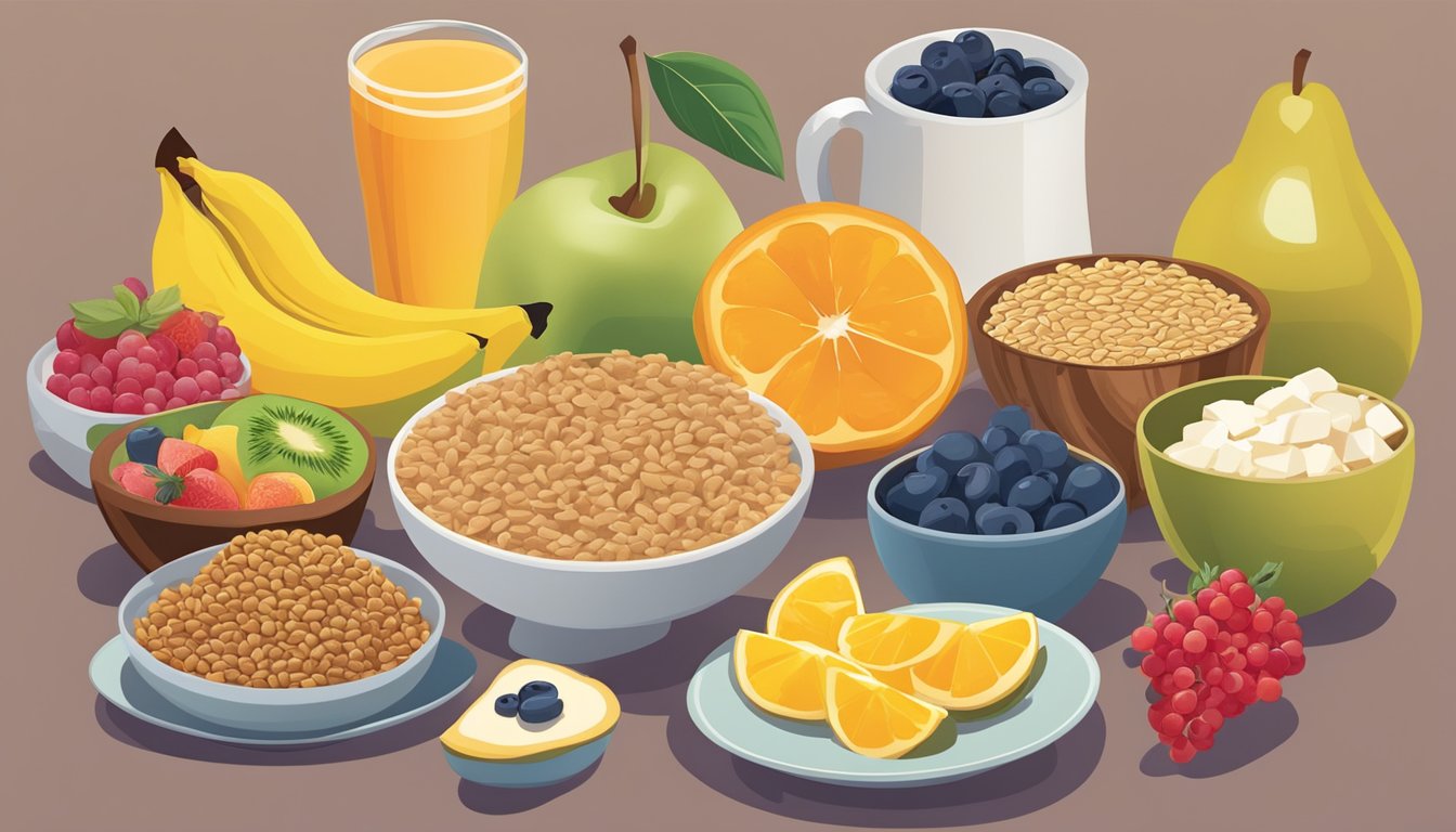 A colorful array of fruits, whole grains, and lean proteins arranged on a breakfast table, showcasing a variety of low-fat breakfast options