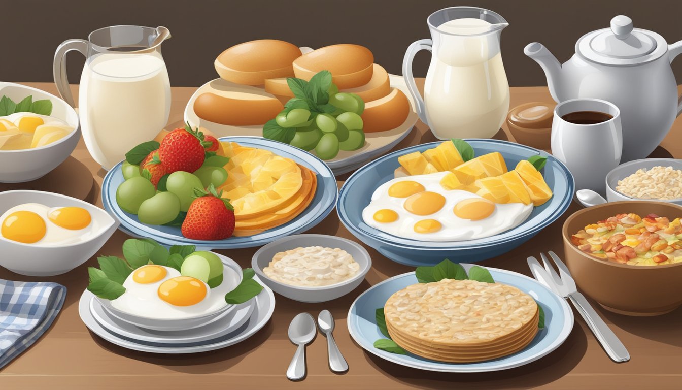 A table set with a variety of breakfast dishes, including fruit, yogurt, oatmeal, and eggs, all low in fat