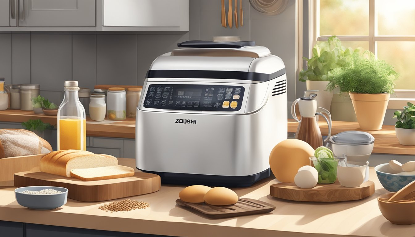 A kitchen counter with a Zojirushi bread machine surrounded by various ingredients and kitchen tools. A warm and inviting atmosphere with natural light streaming in through a window