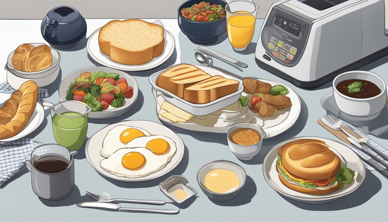 A table set with a variety of breakfast dishes, with a Zojirushi bread machine in the background