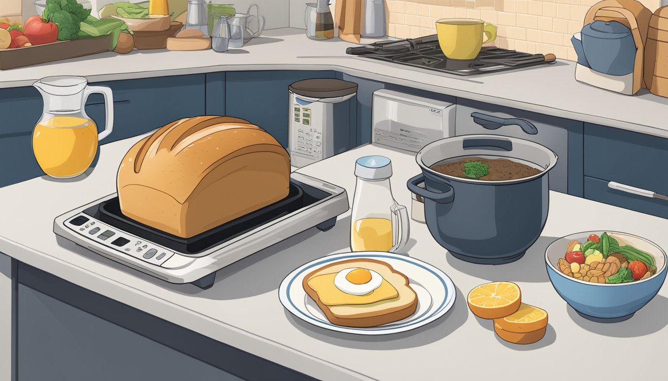 A kitchen counter with a Zojirushi bread machine surrounded by various ingredients and utensils, with a cookbook open to a page titled "10 breakfast recipes."