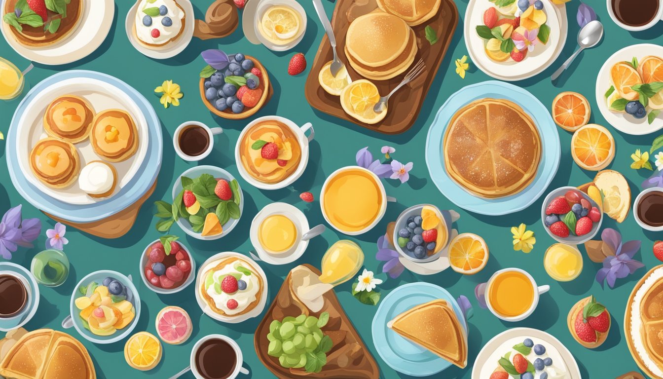 A table set with a colorful array of Easter brunch dishes, including pancakes, fruit salad, and pastries, surrounded by festive decorations