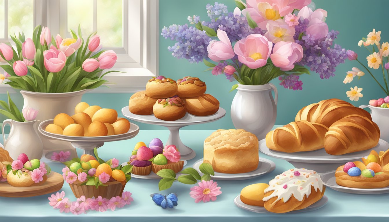 A table adorned with an assortment of beautifully decorated Easter breads and pastries, surrounded by colorful spring flowers and fresh fruits