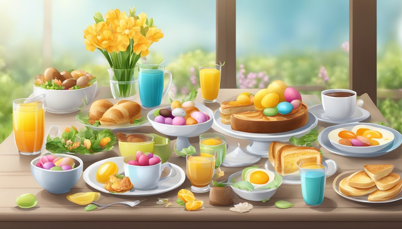 A table set with colorful Easter brunch beverages and a variety of breakfast dishes