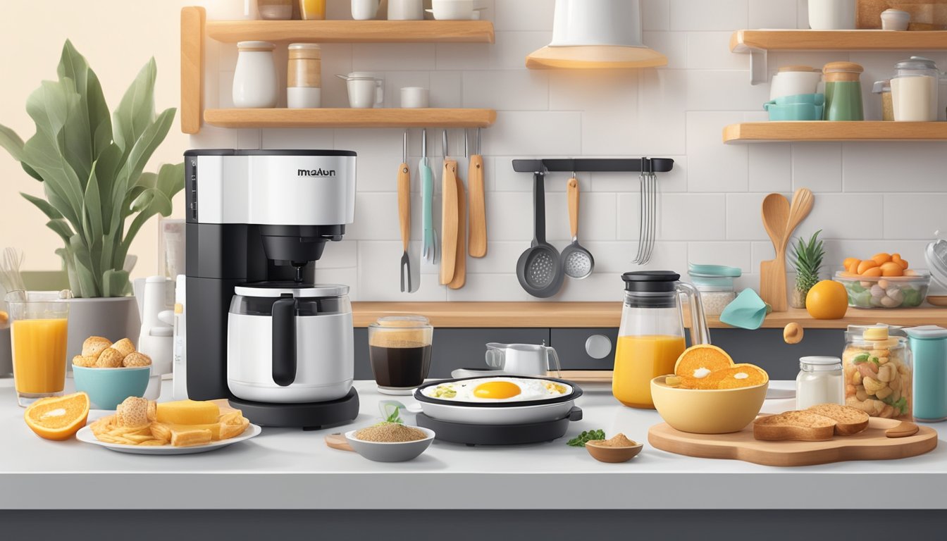 A kitchen counter with a variety of breakfast foods being cooked on a dash mini maker. Ingredients and utensils are neatly organized around the workspace