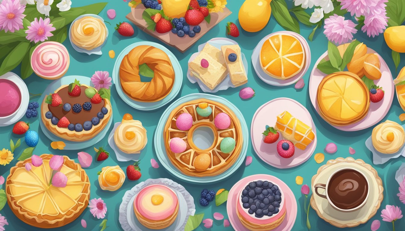 A table set with a variety of pastries, fruit tarts, and sweet treats, surrounded by colorful Easter decorations and fresh flowers