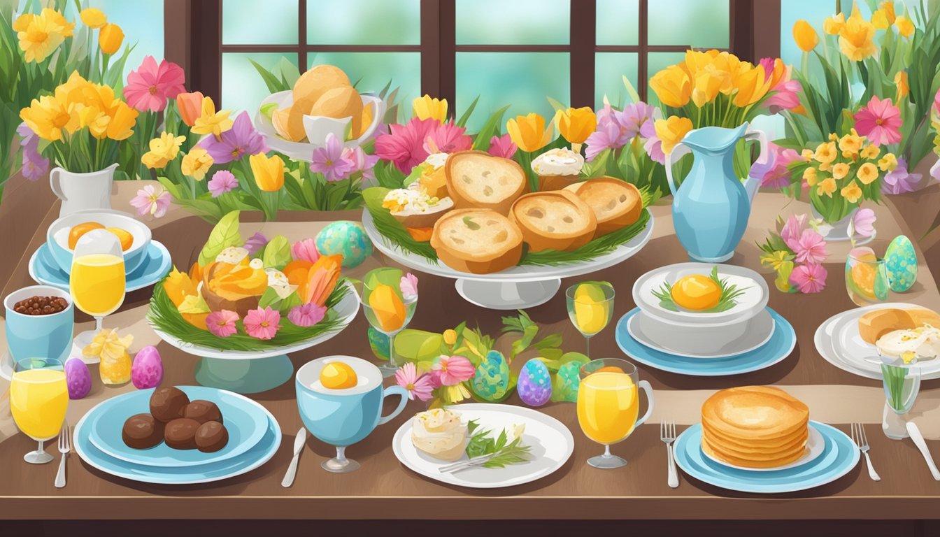 A table set with a colorful array of Easter brunch dishes, surrounded by lively decorations and fresh flowers