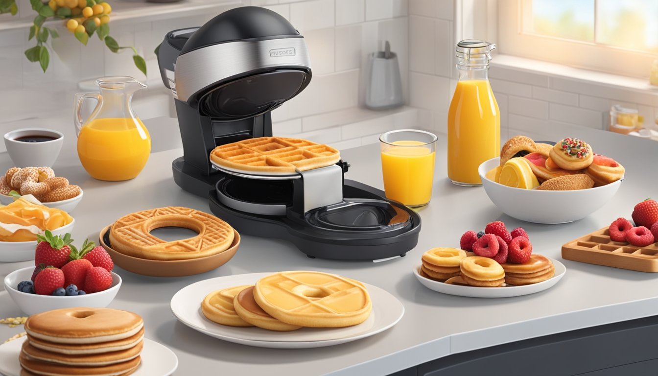 A colorful array of breakfast treats being made in the dash mini maker, including waffles, pancakes, and donuts, surrounded by fresh fruits and syrups