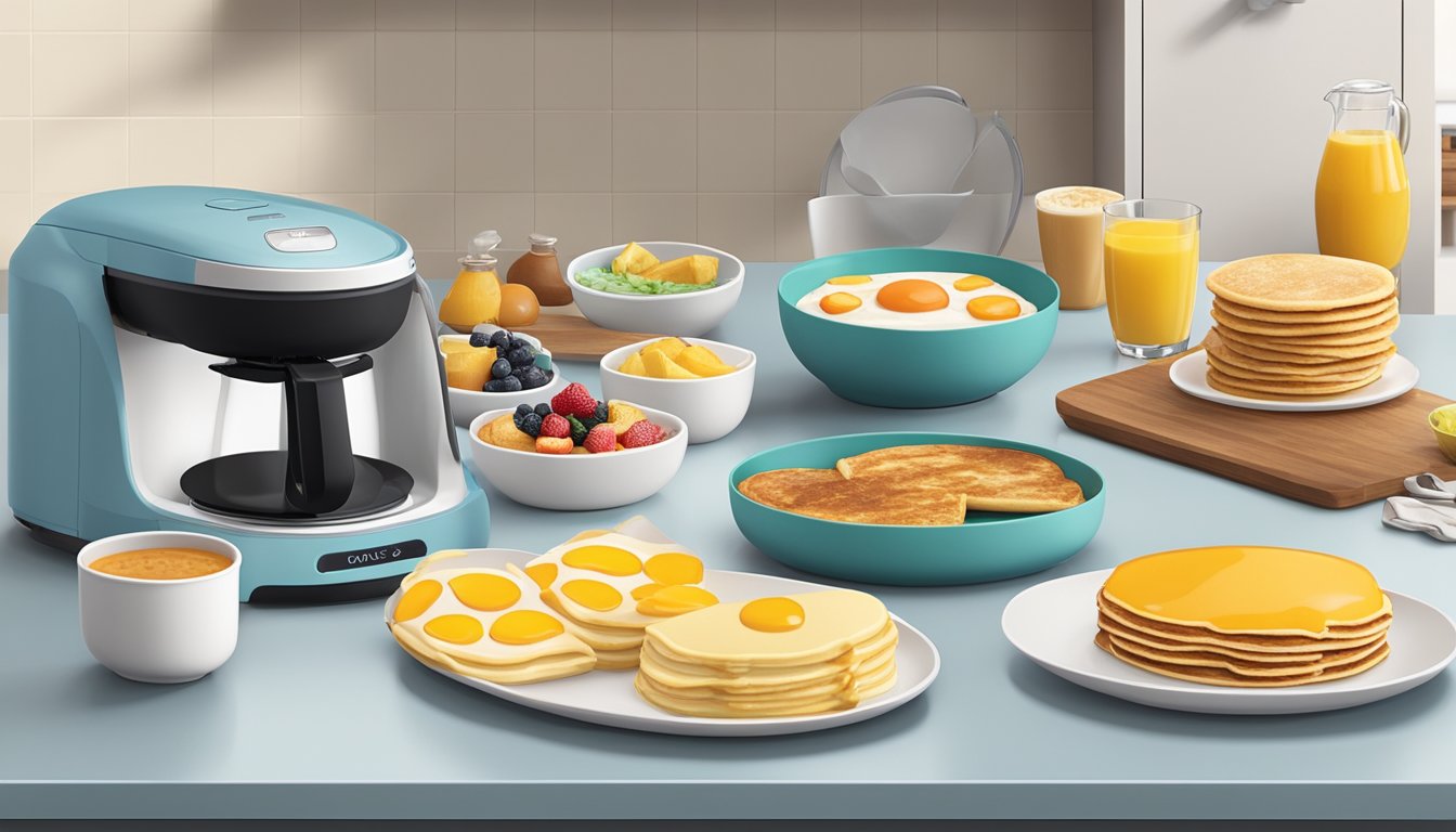 A kitchen counter with a variety of breakfast foods being prepared using a dash mini maker, including pancakes, waffles, and omelets