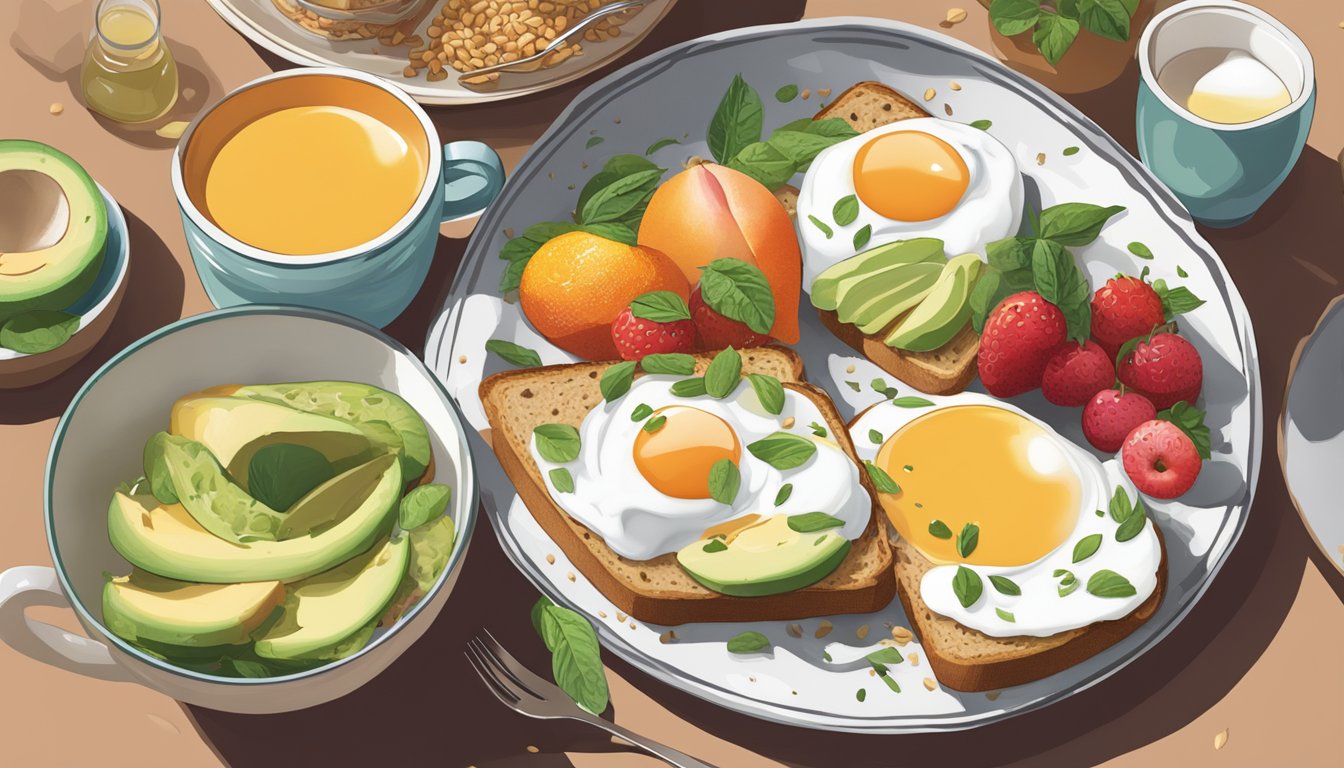 A table filled with colorful fruits, whole grains, and yogurt. A steaming cup of green tea sits next to a plate of poached eggs and avocado toast