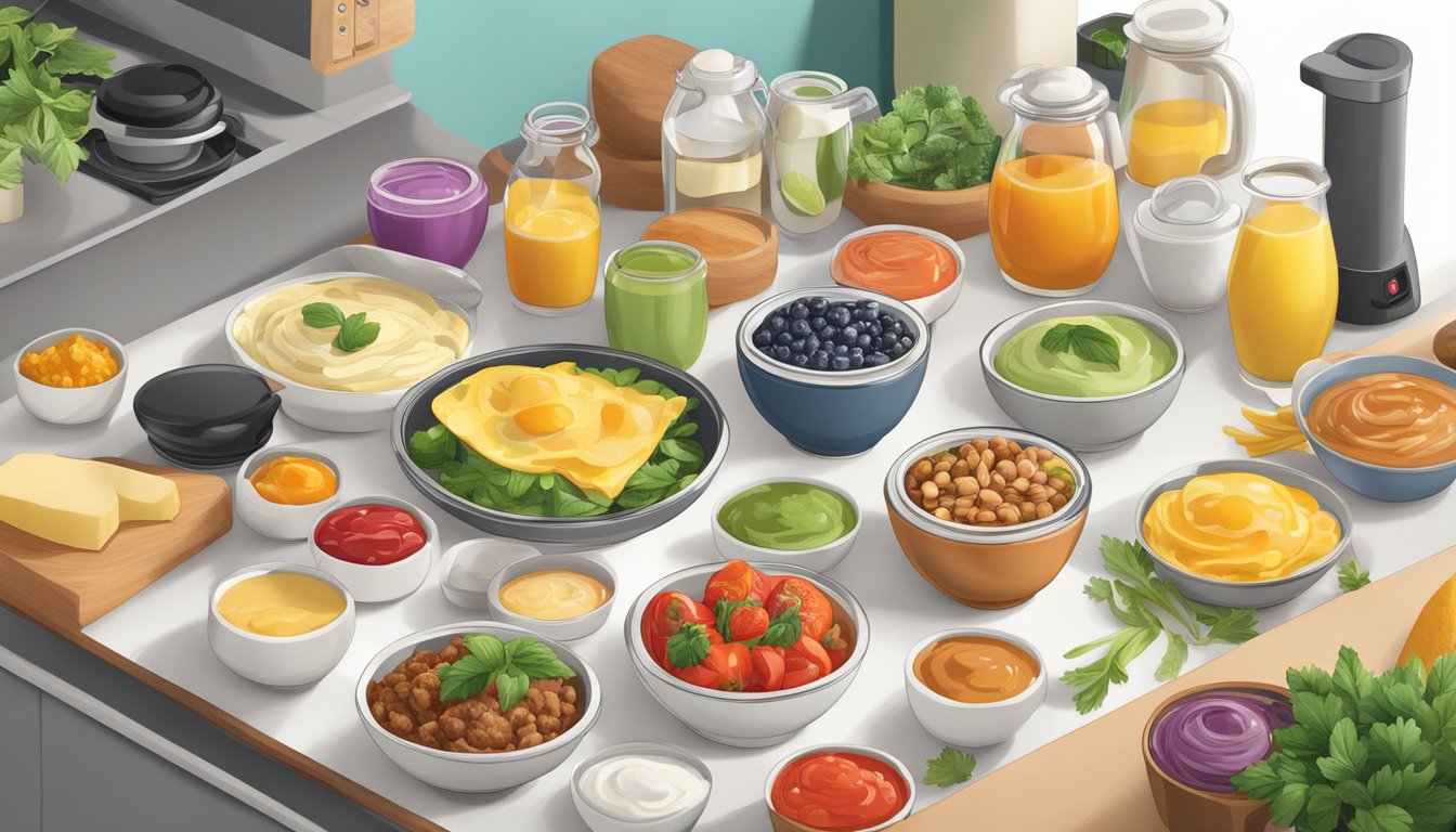 A colorful array of ingredients surrounds the dash mini maker, including various sauces and toppings for breakfast recipes