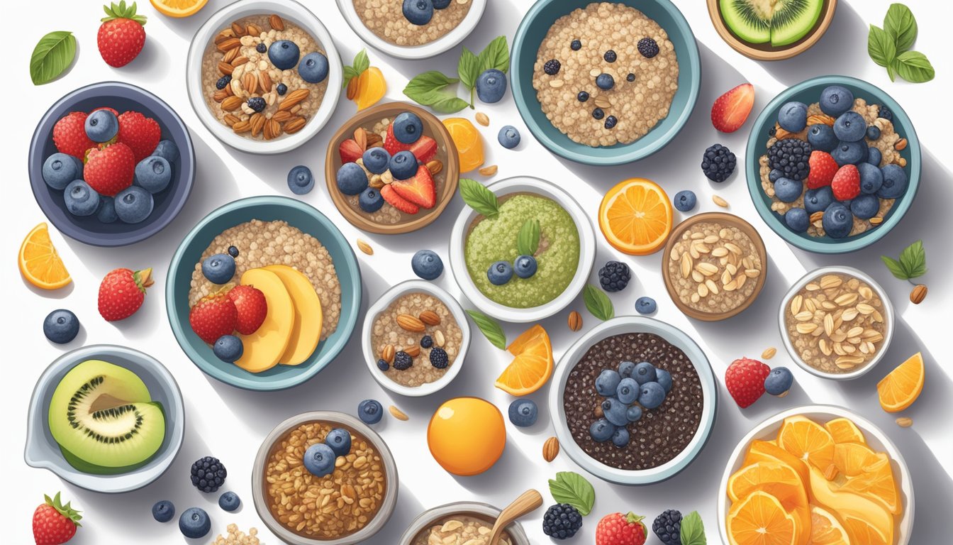 A table set with a variety of grains-based breakfast dishes, including oatmeal, quinoa bowls, and chia seed pudding. Fresh fruits and nuts are arranged as toppings