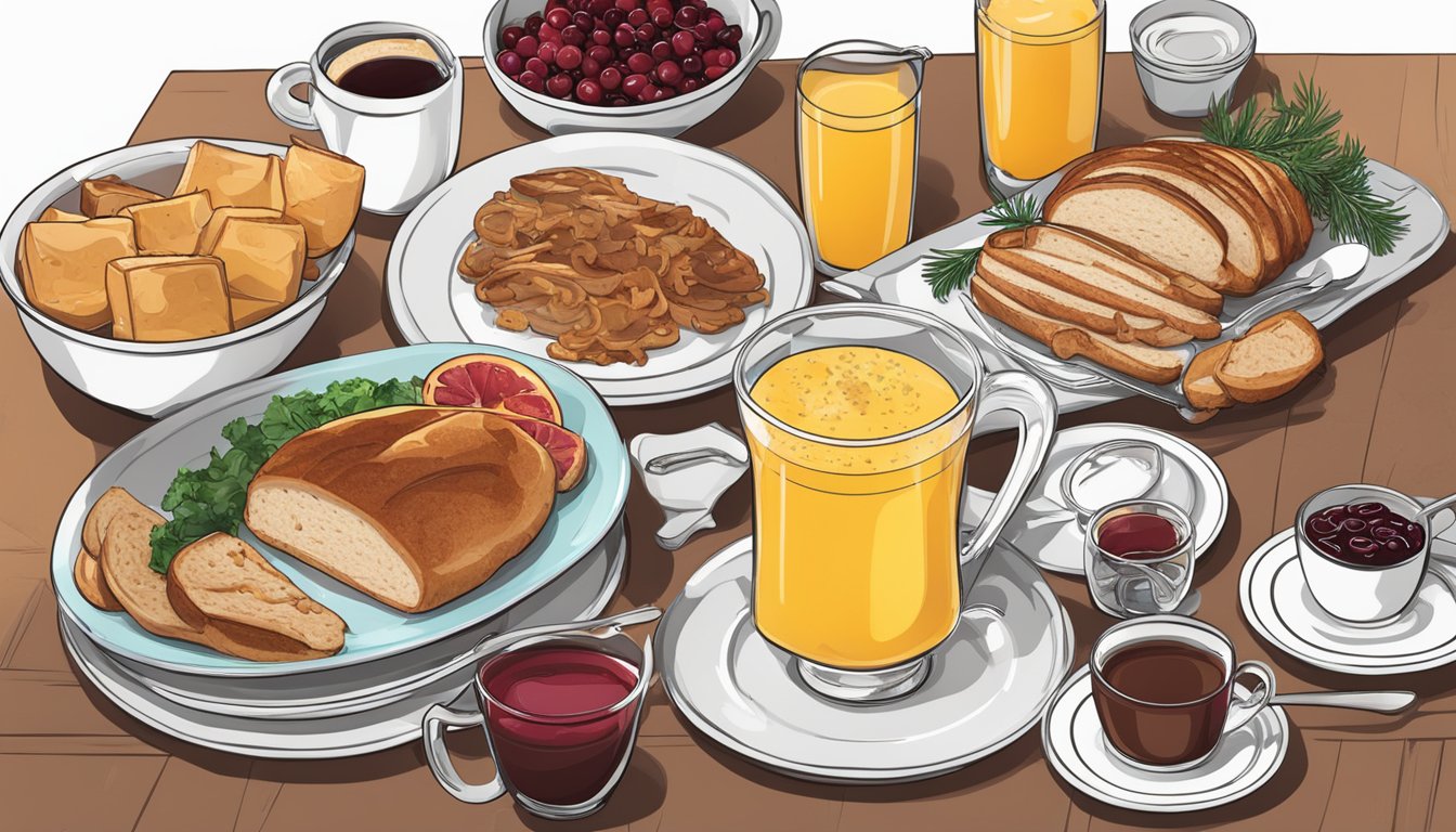 A breakfast table set with various dishes and drinks, including coffee, juice, and mimosas. Leftover turkey and cranberry sauce are featured in the recipes