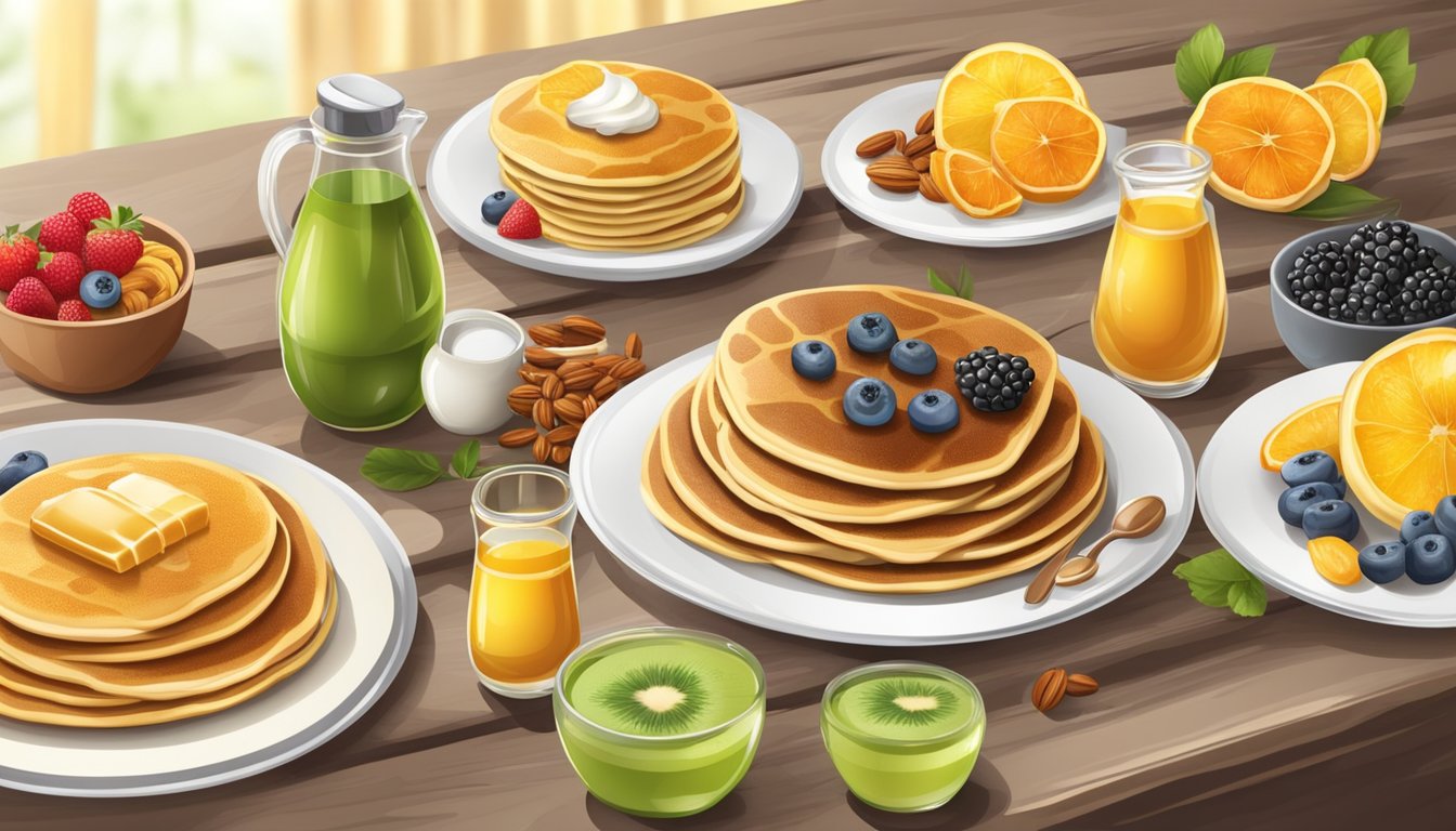 A table set with a variety of colorful and nutritious pancake and waffle options, including fresh fruit, nuts, and drizzles of honey or syrup