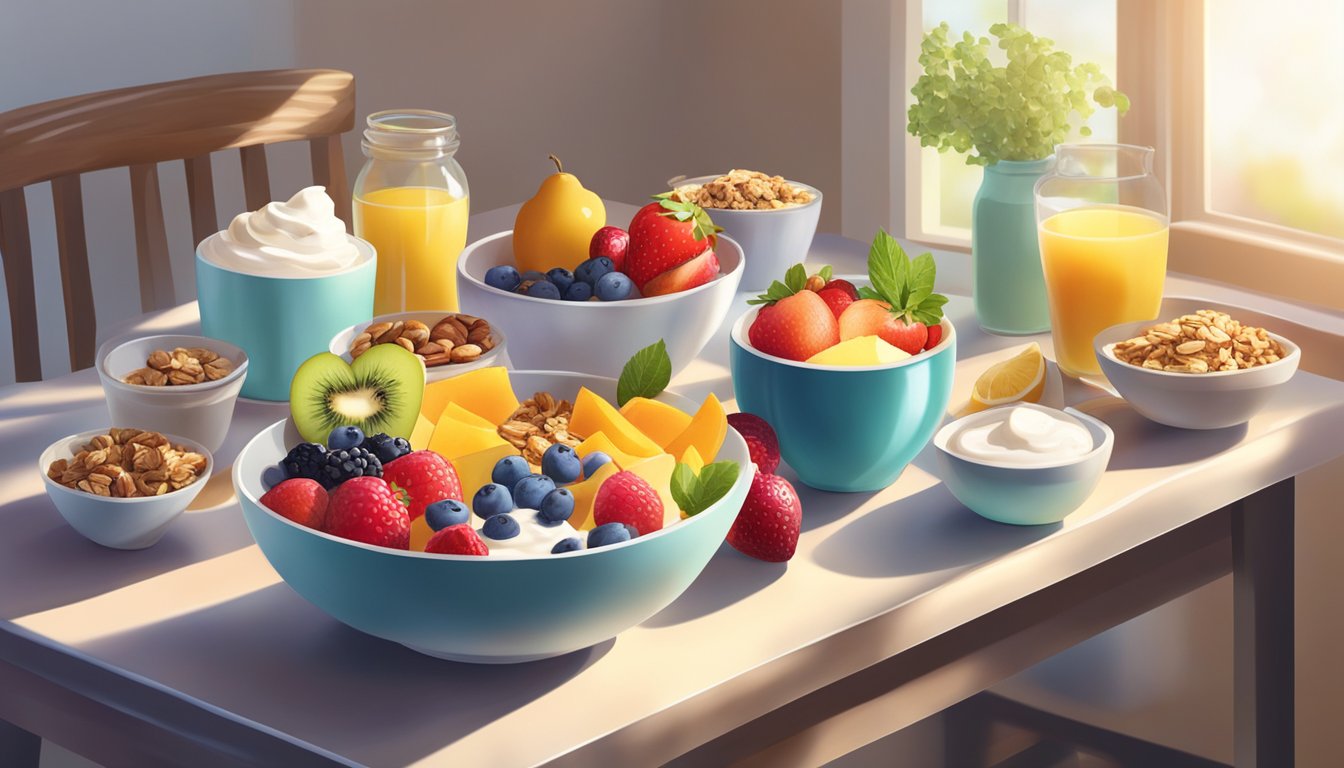 A table with an assortment of colorful breakfast bowls filled with fresh fruits, yogurt, granola, and nuts. Sunlight streaming in through a window