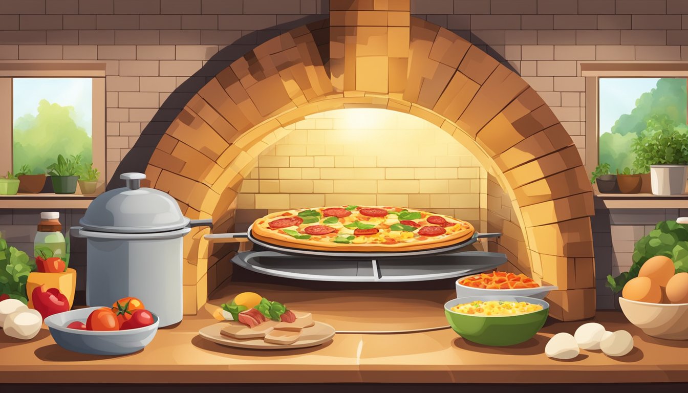 A pizza oven filled with various breakfast ingredients like eggs, bacon, cheese, and vegetables, ready to be used for making breakfast pizzas