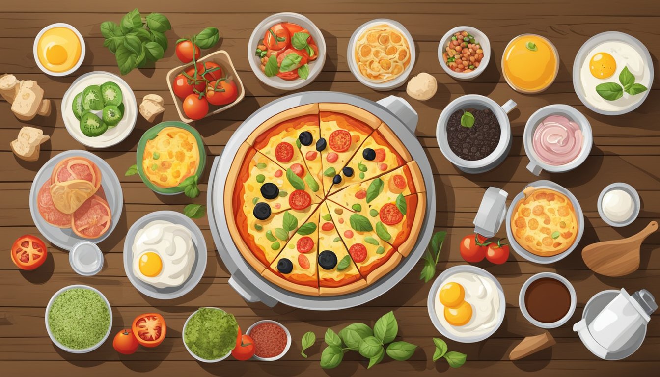 A pizza oven with various breakfast ingredients and toppings spread out on a wooden table, ready to be used in 10 different breakfast recipes