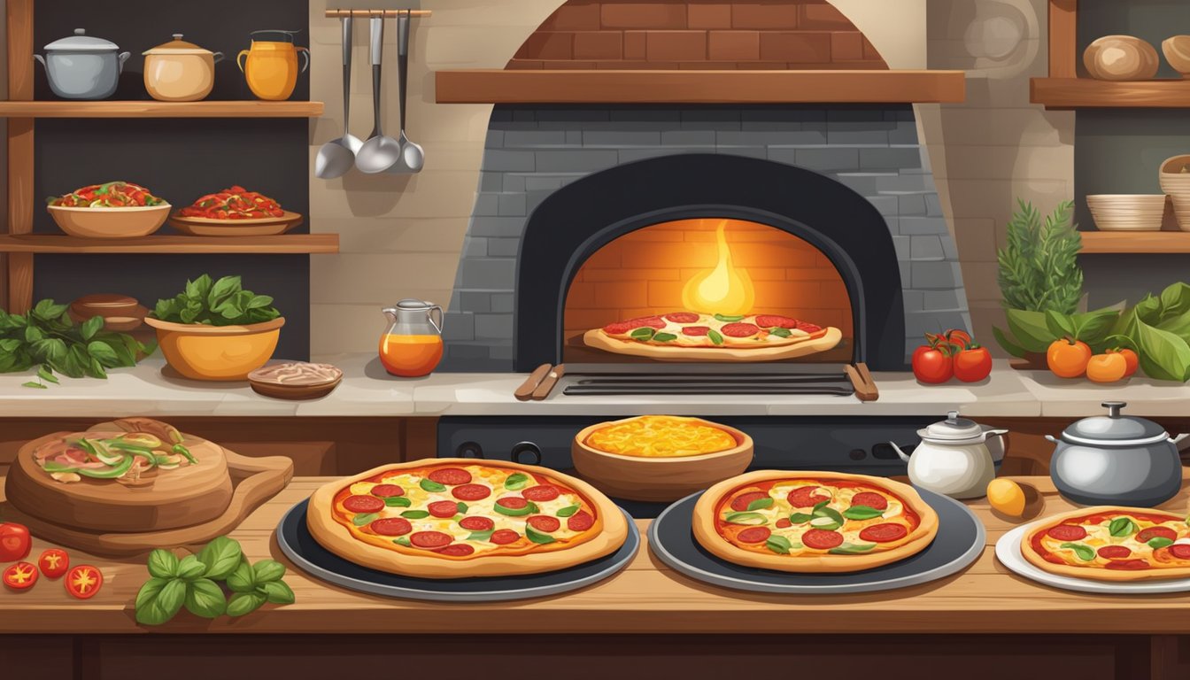 A rustic pizza oven surrounded by fresh ingredients and cooking utensils, with a variety of breakfast pizzas being prepared on a wooden table