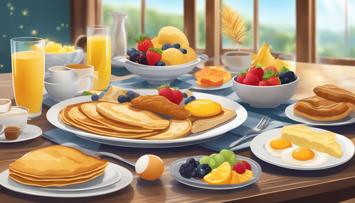 A table set with a variety of breakfast foods, including pancakes, eggs, fruit, and pastries, with a festive New Year's Day decoration in the background