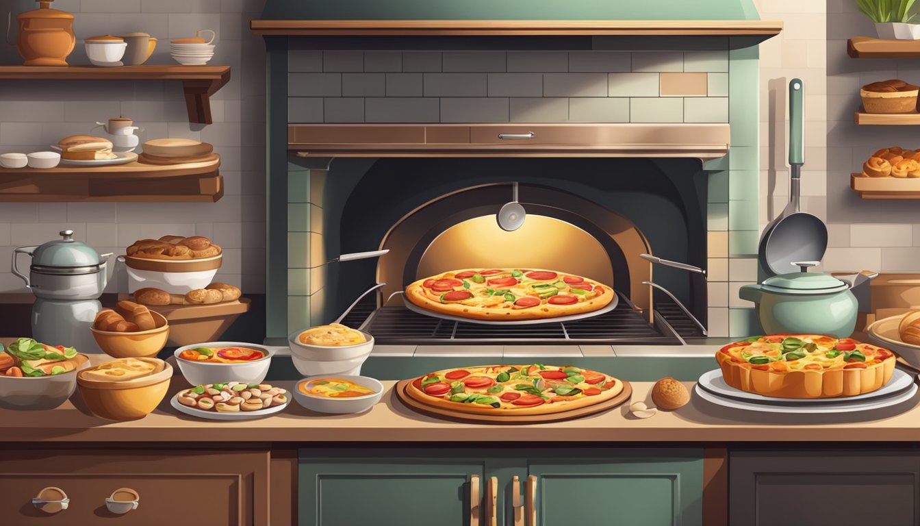 A pizza oven with various baking tools and ingredients, surrounded by a collection of breakfast dishes such as muffins, quiches, and frittatas