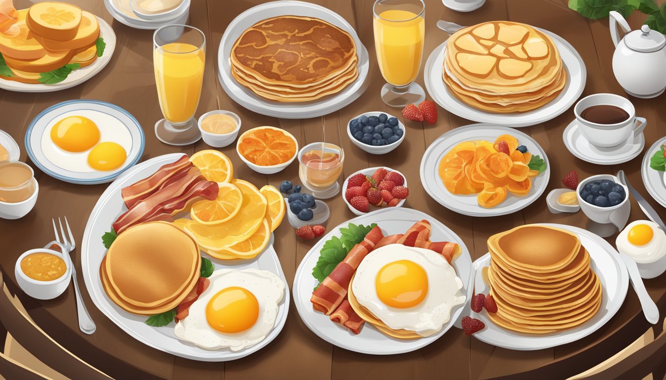 A table set with a variety of classic breakfast dishes, including pancakes, eggs, bacon, and fruit, with a festive New Year's Day theme