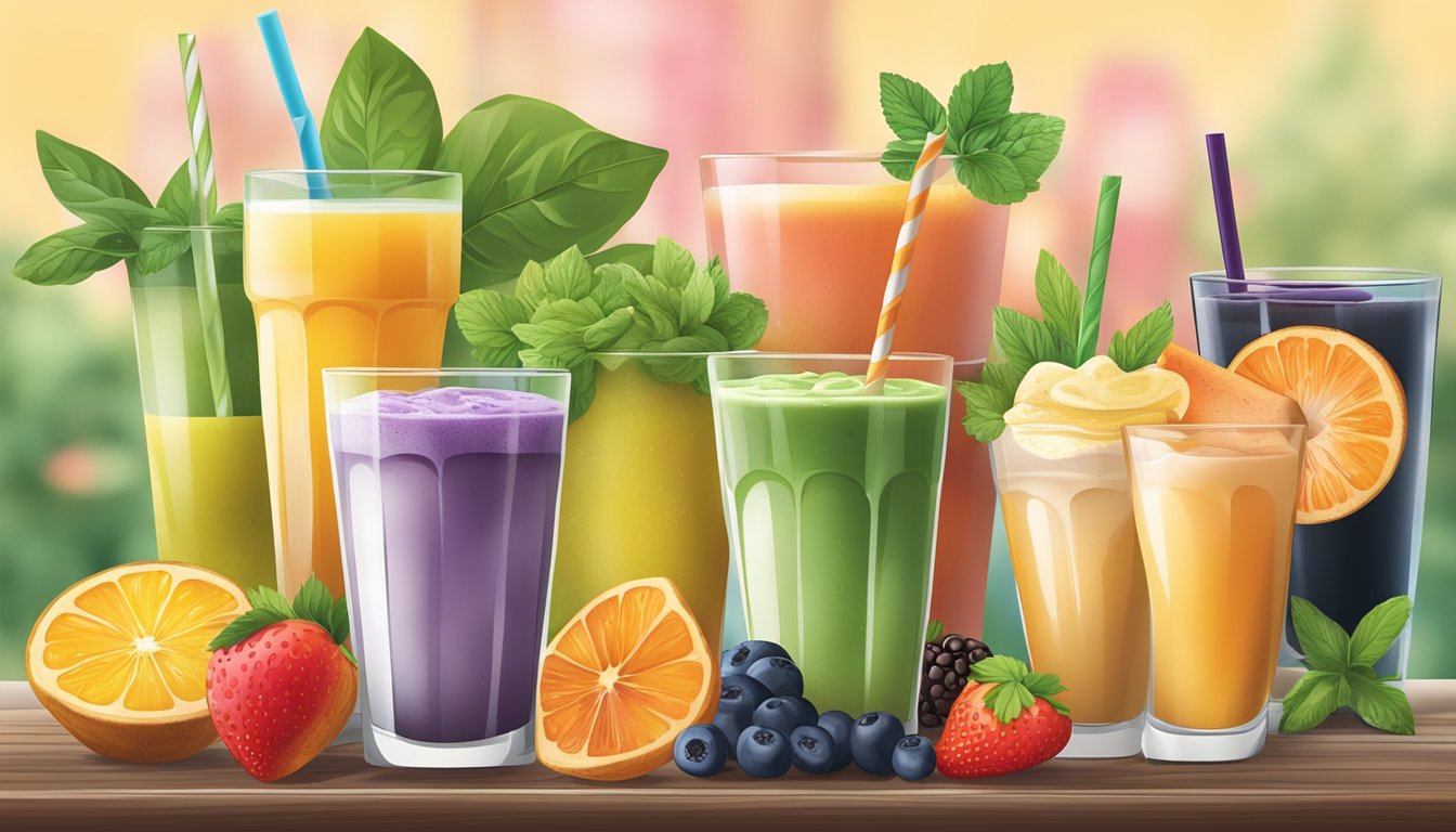 A table set with a colorful array of breakfast beverages, including smoothies, juices, and coffee, with fresh fruits and herbs as garnish