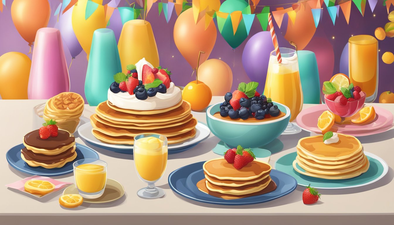 A spread of sweet breakfast treats, including pancakes, waffles, and fruit parfaits, arranged on a table with a festive New Year's Day backdrop