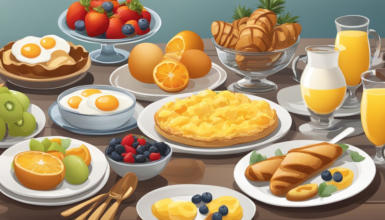 A table set with an assortment of breakfast side dishes, including fruit, pastries, and eggs, with a festive New Year's Day theme